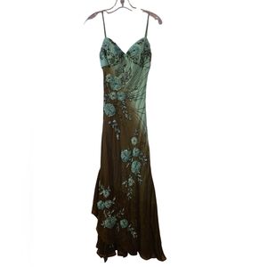 Sue Wong Teal and Brown Embroidered Strapless Gown
